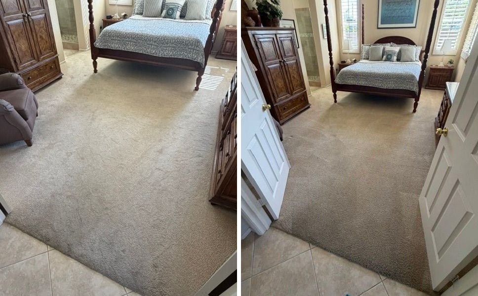 Before and after of bedroom carpet cleaning in a Menifee home with a brighter, lifted pile
