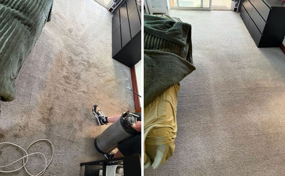 Before and after of a heavily soiled carpet in an Orangecrest, Riverside home brought back to a clean, even color