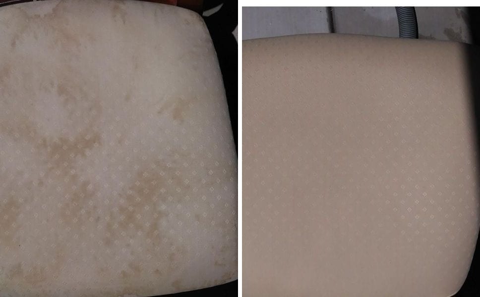 Before and after of a chair cushion cleaned from heavy staining to like-new