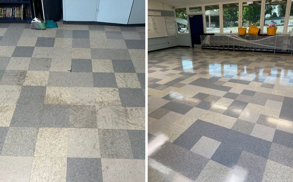 Before and after of a commercial tile floor in Orangecrest, Riverside scrubbed and polished to a shine