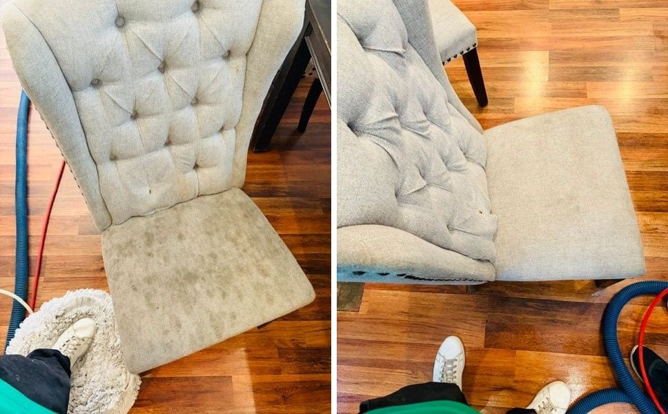 Before and after of an upholstered dining chair in Riverside with the seat cleaned of stains