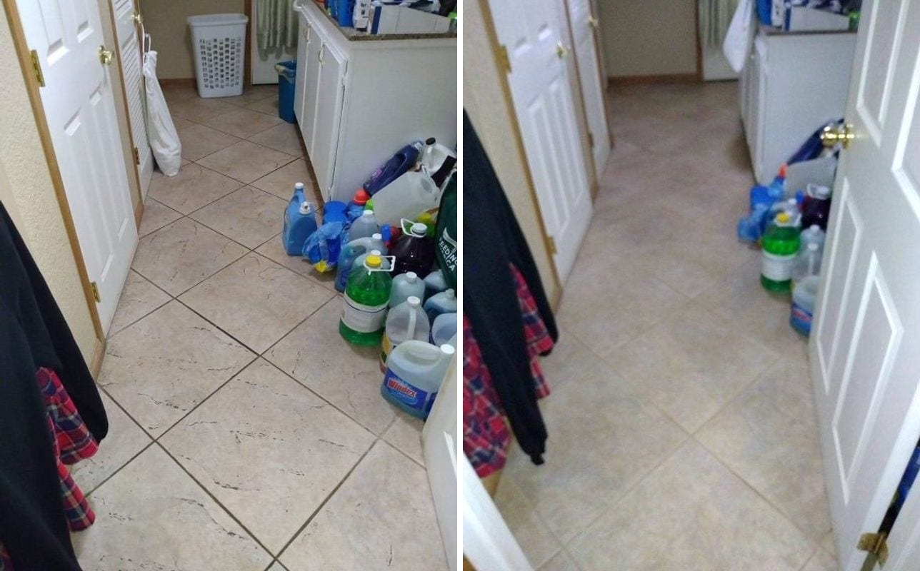 Before and after of an entryway tile floor with the grout lines cleaned from dark buildup to uniform