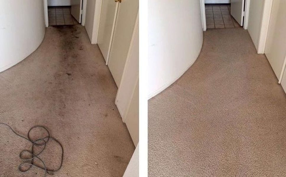 Before and after of a stained hallway carpet after professional cleaning