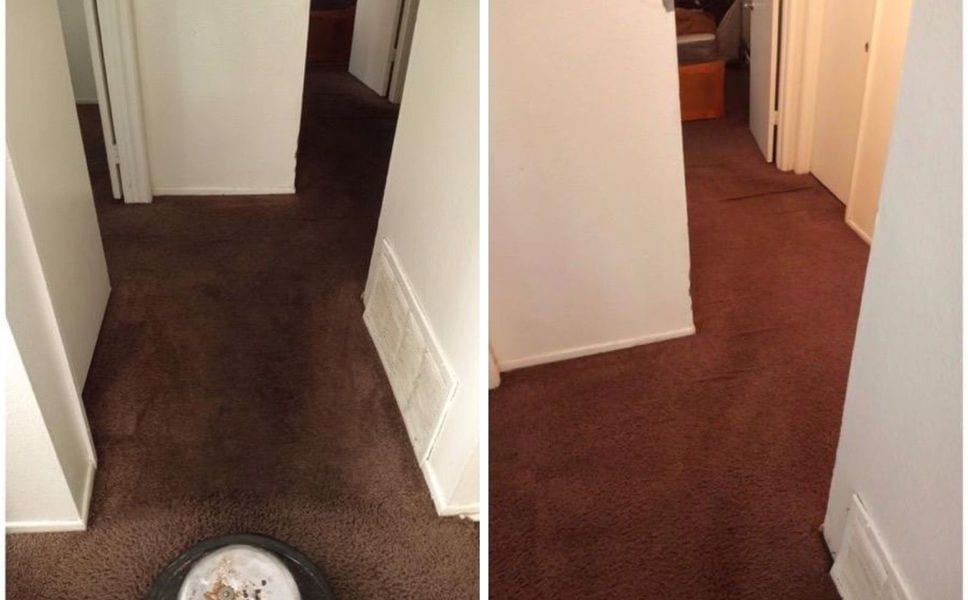 Before and after of a brown hallway carpet refreshed by deep cleaning