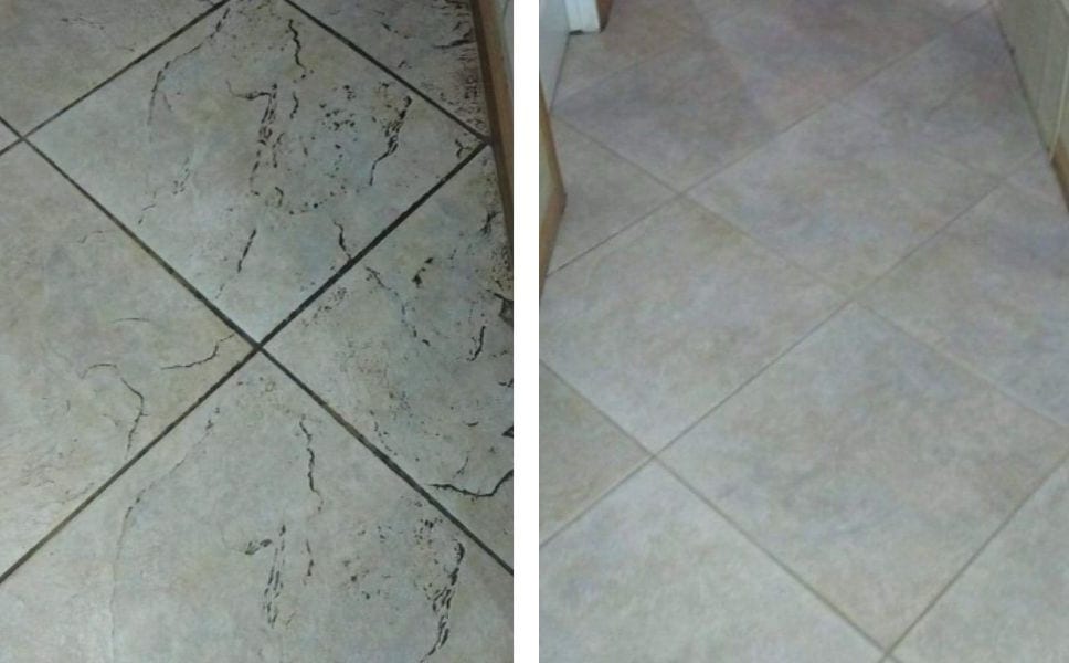 Before and after of hallway tile with cracked-looking dirty grout cleaned back to clean lines