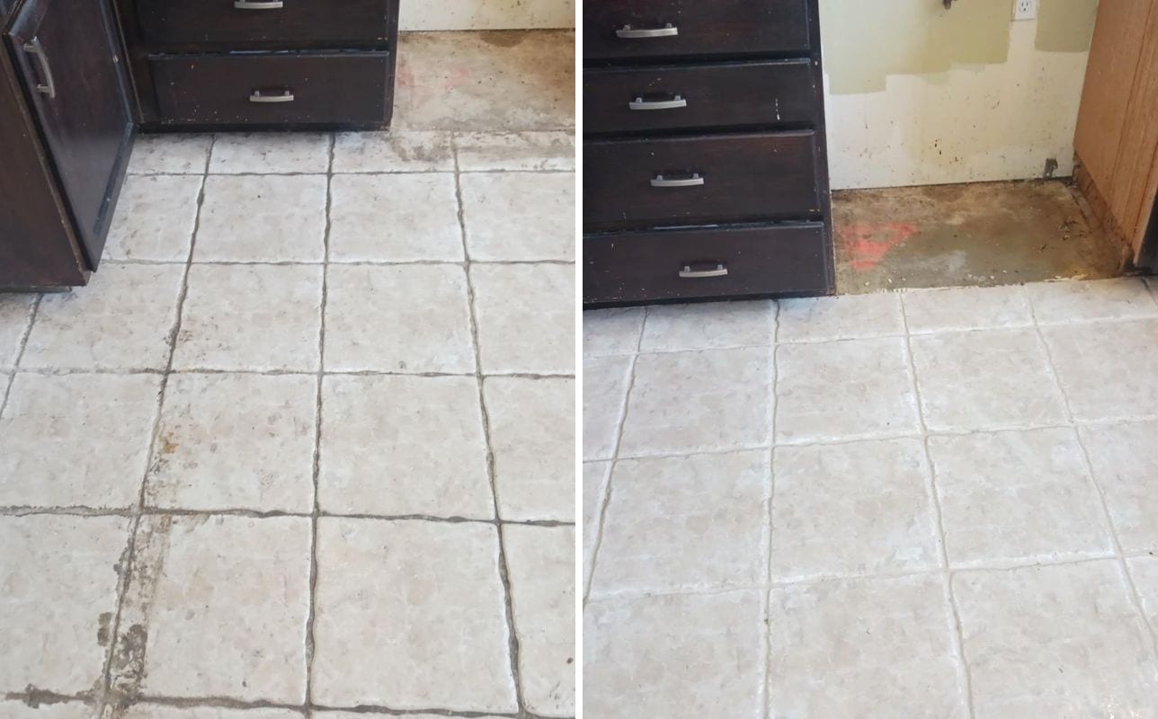 Before and after of a Riverside kitchen tile and grout floor cleaned from dark buildup to bright