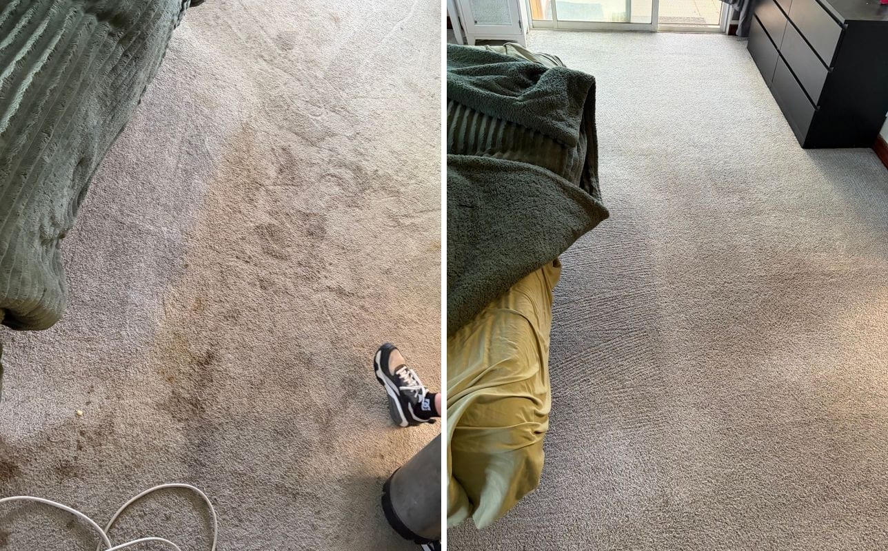 Before and after of a living room carpet deep cleaned from heavy soiling back to an even, bright pile