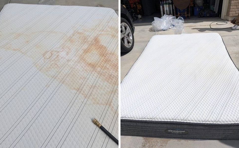 Before and after of a mattress in Orangecrest, Riverside treated for heavy stains and refreshed to white