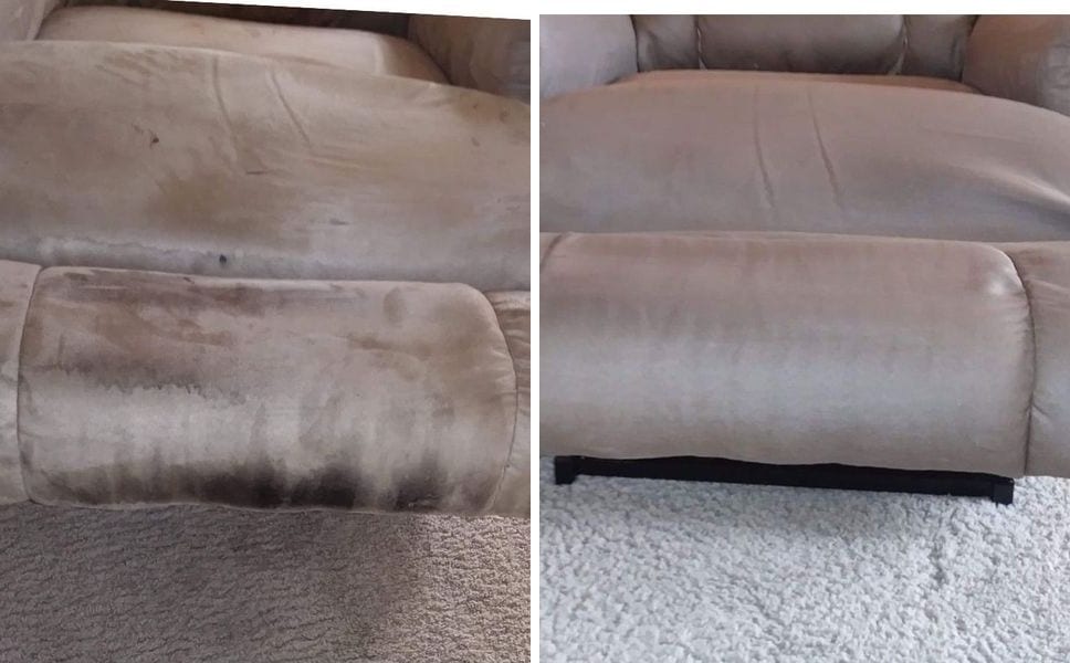 Before and after of a microfiber recliner footrest cleaned of dark wear stains