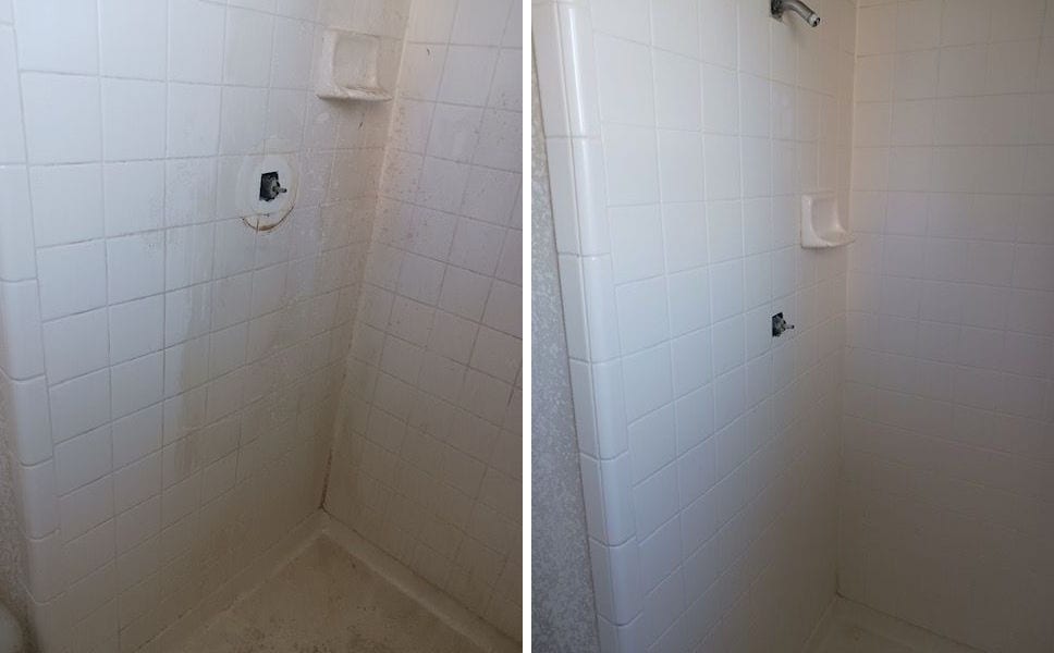 Before and after of a Menifee shower with tile and grout cleaned of soap scum and buildup