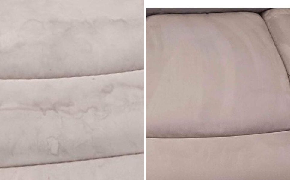 Before and after of a suede sofa seat cleaned of water marks and staining