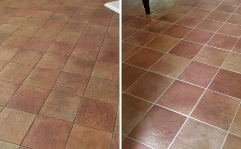 Before and after of a terracotta tile floor with the grout cleaned from dark brown back to white